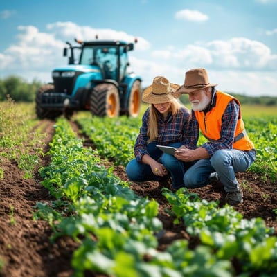 The image depicts a vibrant agricultural landscape, showcasing a harmonious blend of traditional farming and modern technology